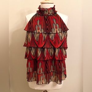 Adiva Black Red Tan Geometric SZ L High Neck Boho Chic Earthy Modern Halter Top